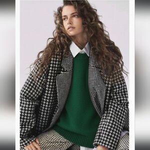 Free People Houndtooth Chelsea  Long Coat  Laine Wool Black And White Overcoat